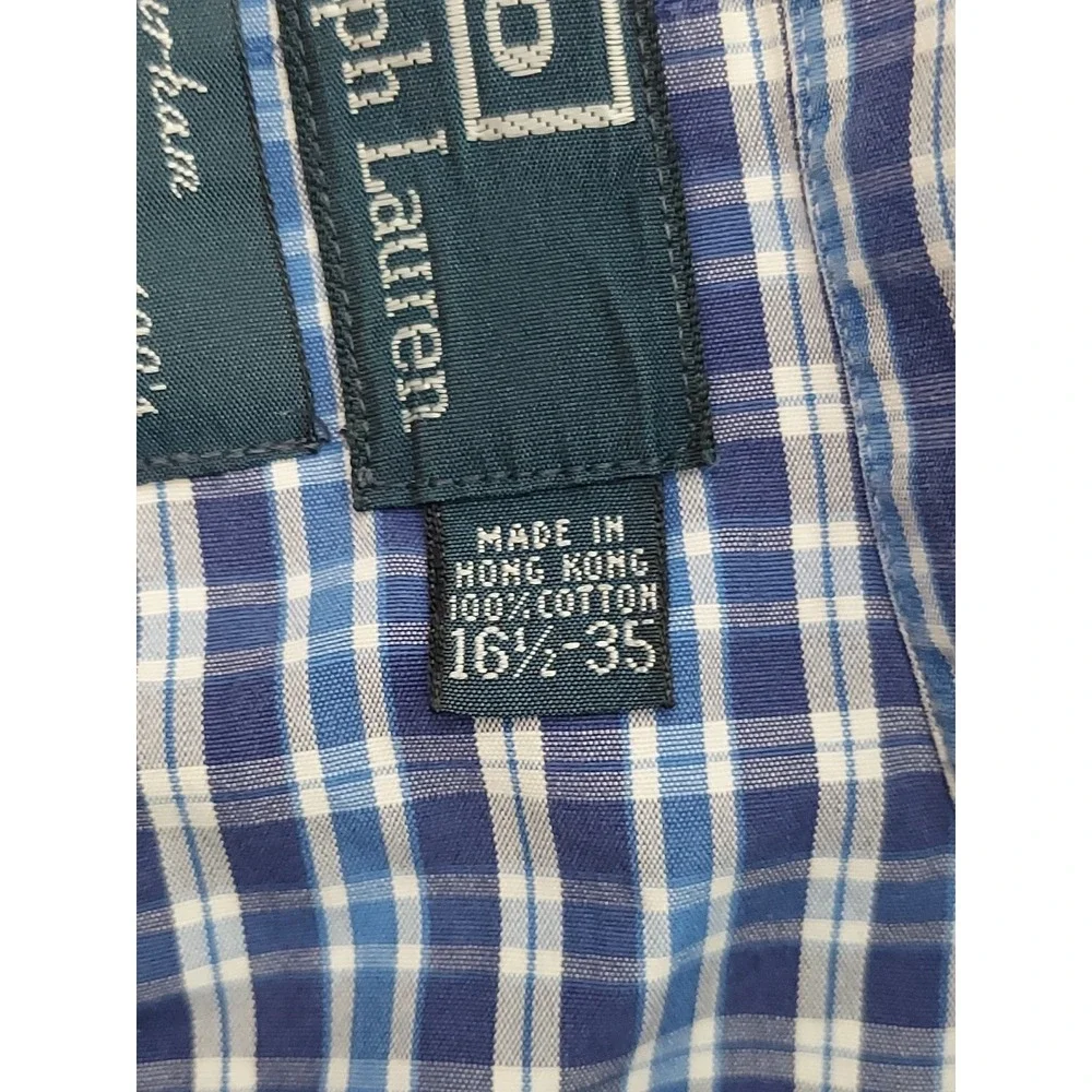 Vt POLO‎ RALPH LAUREN Shirt Mens 16.5-35 Blue Plaid Curham 2 Ply 100s Hong Kong